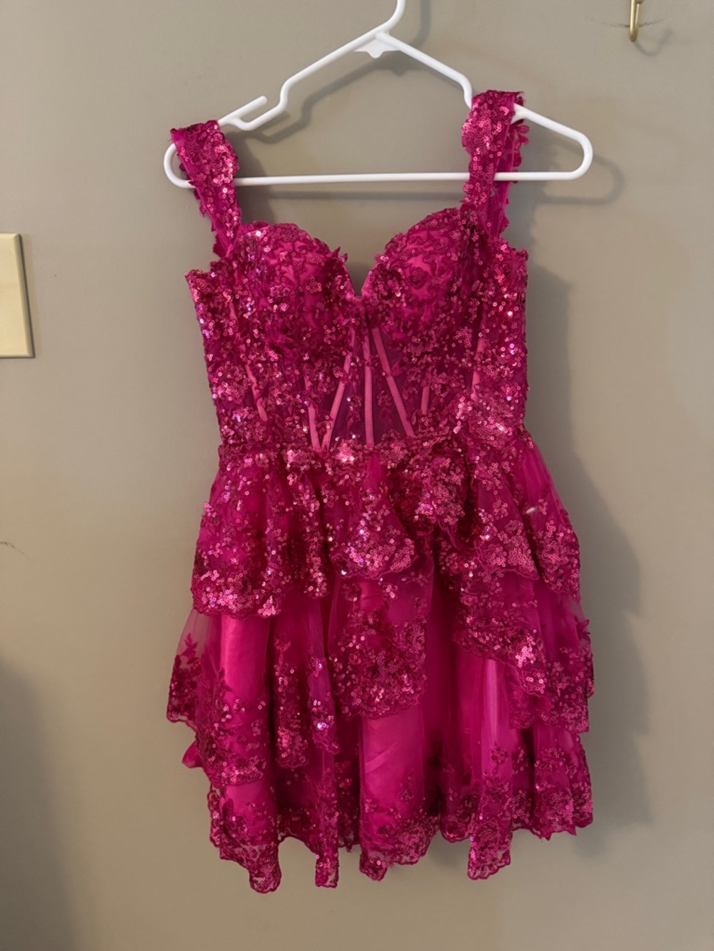Amazon Fuchsia off the schoulder Sequin Lace Tiered Mini hoco Dress